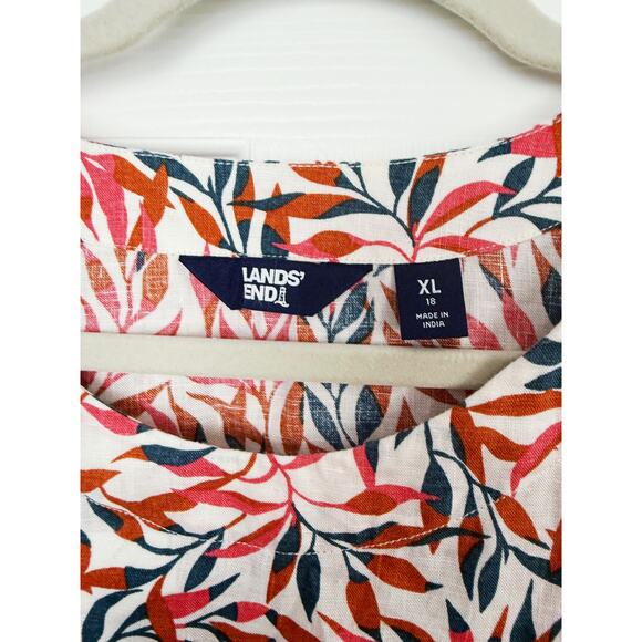 Lands’ End 100% Linen Short Sleeve Botanical Print Blouse Top XL Boho Coastal - Picture 3 of 5